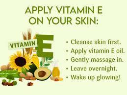 A graphic with text overlay showing the benefits of applying vitamin E to your skin.
