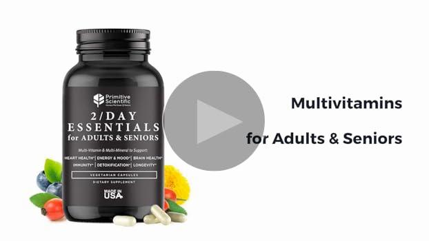 A bottle of multivitamins next to a pile of colorful fruits and vegetables.
