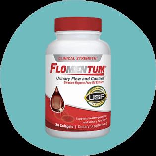 A blue and red bottle of Flomentum, a urinary flow and control supplement.