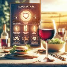A glass of red wine, a cheeseburger, and a salad on a table with a poster about the benefits of a balanced diet.