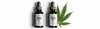 Two bottles of CBD oil with a cannabis leaf on the right.