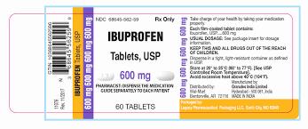 A box of Ibuprofen tablets, 600mg strength, with 60 tablets in the bottle.