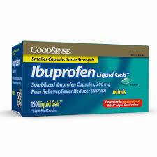 A box of Good Sense brand ibuprofen liquid gels, 200 mg, 160 count.