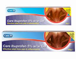 Two boxes of Care Ibuprofen 5% gel, a medication for pain and inflammation.