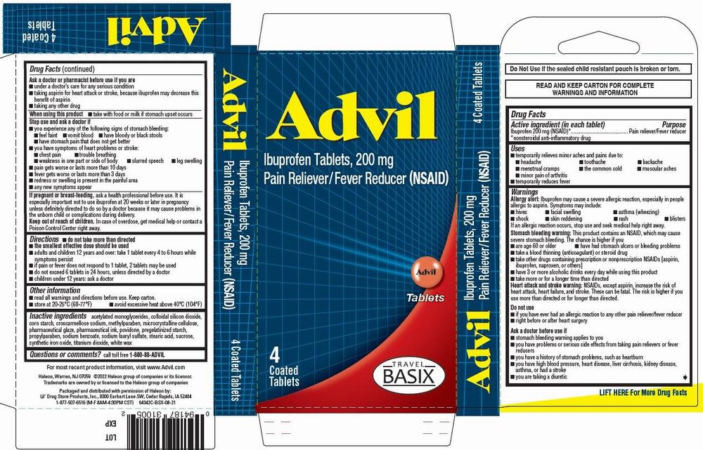 A box of Advil pain relievers, containing 4 coated tablets of 200mg ibuprofen each.