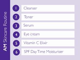 A purple background with text displaying a numbered list of a morning skincare routine.