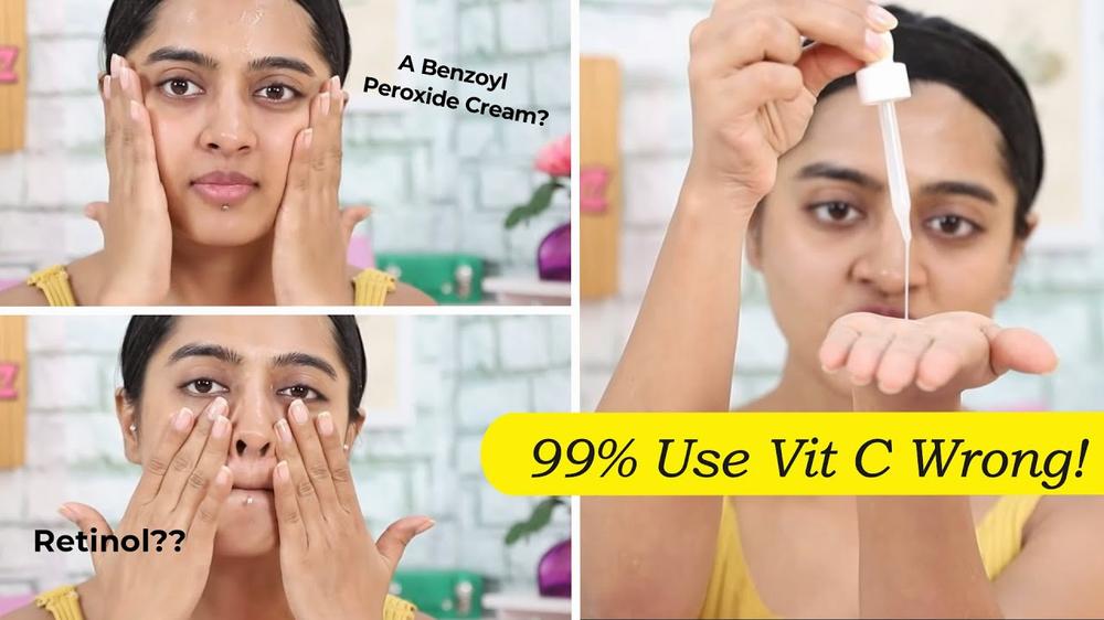 A woman demonstrates how to apply benzoyl peroxide cream and retinol to the face.