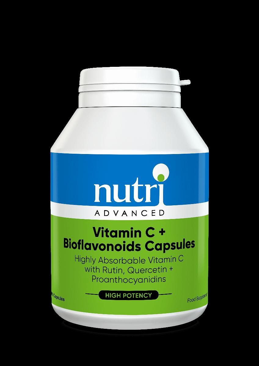 A bottle of vitamin C capsules with bioflavonoids, rutin, quercetin and proanthocyanidins.