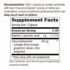 A table of the supplement facts of a vitamin C supplement.