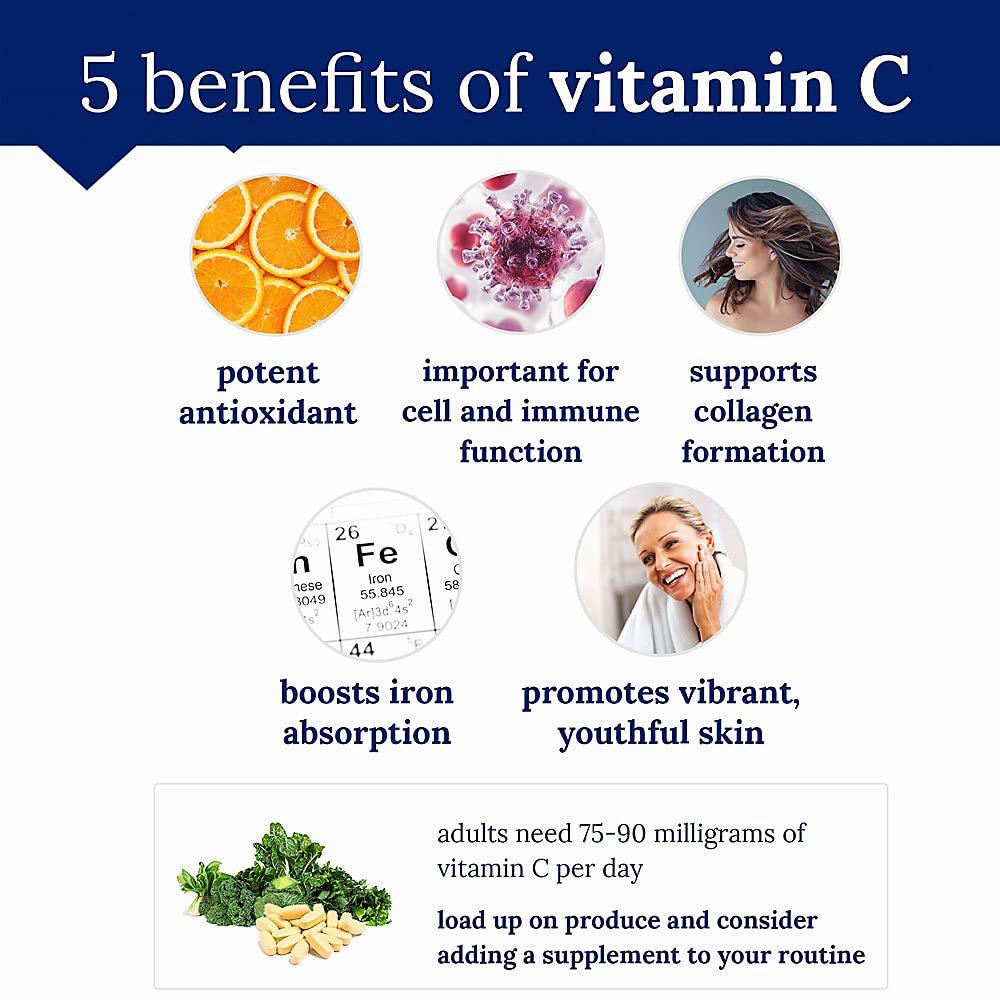 5 benefits of vitamin C: potent antioxidant, important for cell and immune function, supports collagen formation, boosts iron absorption, promotes vibrant, youthful skin.