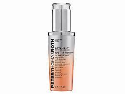 A clear bottle of Peter Thomas Roths Potent-C Power Serum with 20% Vitamin C, a skin brightening serum.