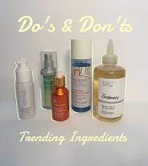 A lineup of five different skincare products with the text Dos & Donts Trending Ingredients overlaid on top.
