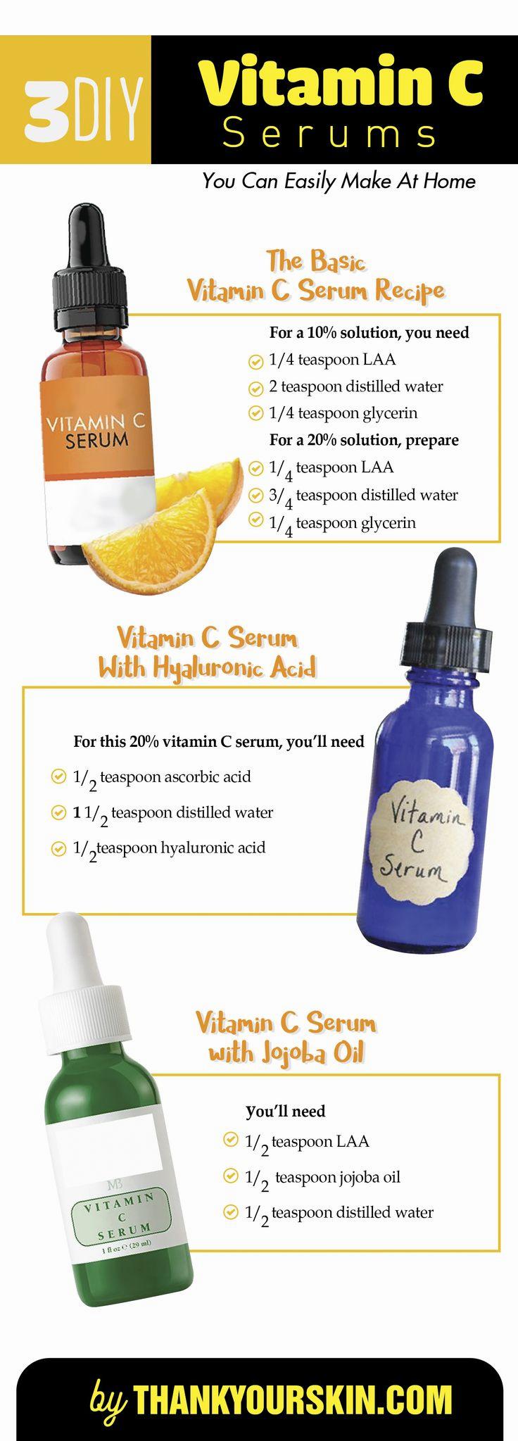 Three different recipes for making your own vitamin C serum at home.