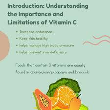An illustration showing the benefits of vitamin C, which include increased endurance, healthy skin, management of high blood pressure, and prevention of iron deficiency. Foods that are rich in vitamin C are oranges, mangoes, papayas, and broccoli.