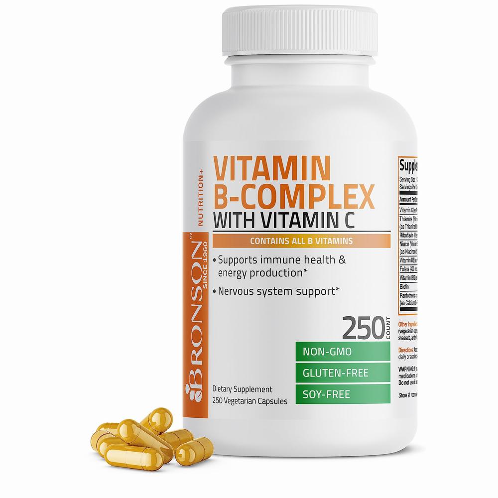 A bottle of Bronson Vitamin B-Complex with Vitamin C, a dietary supplement that supports immune health, energy production, and nervous system support.