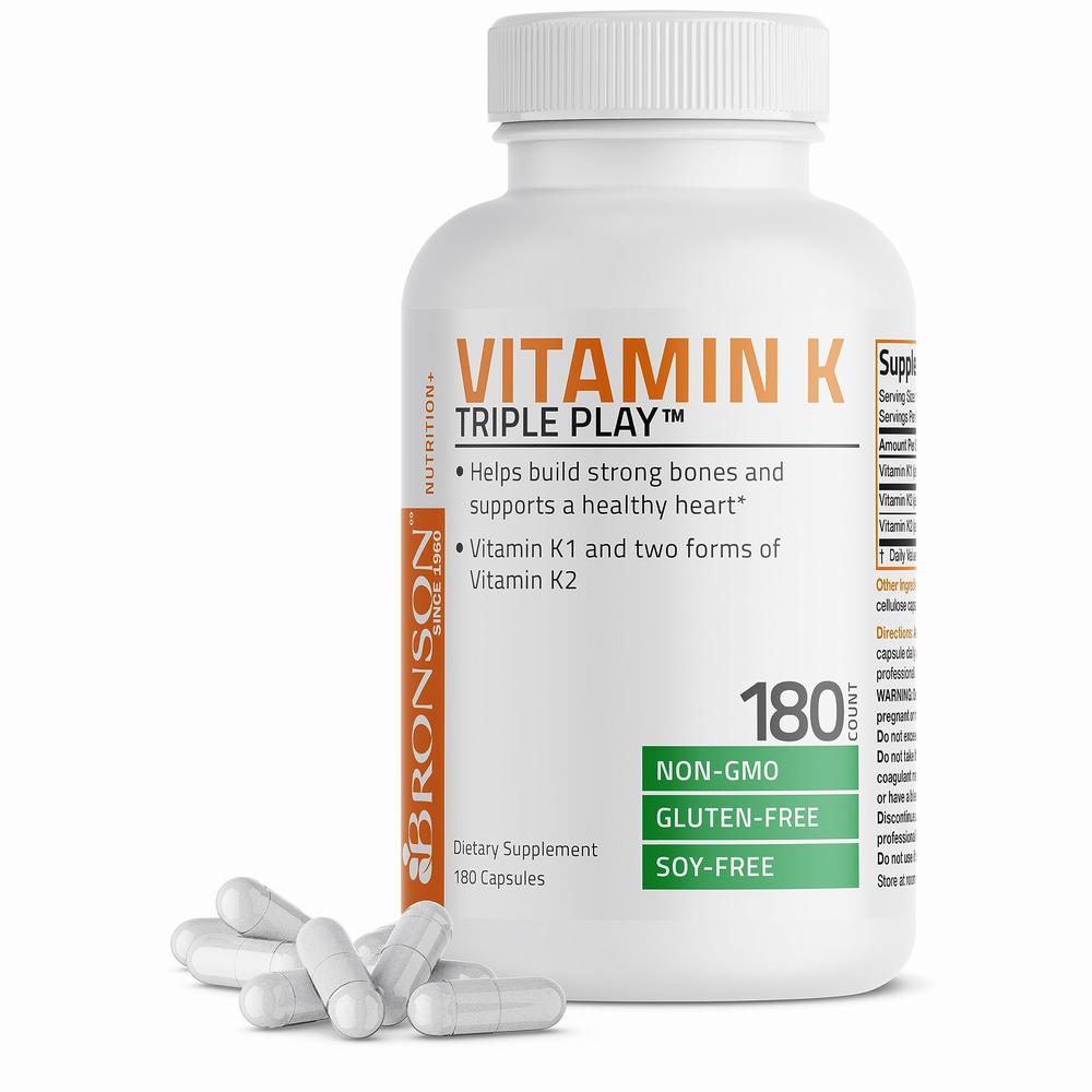 A bottle of Bronson Vitamin K Triple Play capsules, which helps build strong bones and supports a healthy heart.