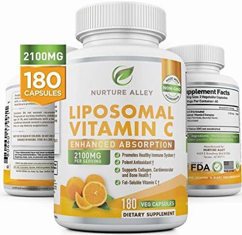 A bottle of Nurture Alleys liposomal vitamin C, a dietary supplement that supports the immune system and cardiovascular health.