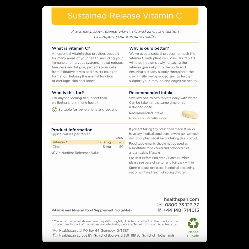 A product information graphic for Healthspans sustained release vitamin C and zinc supplement.