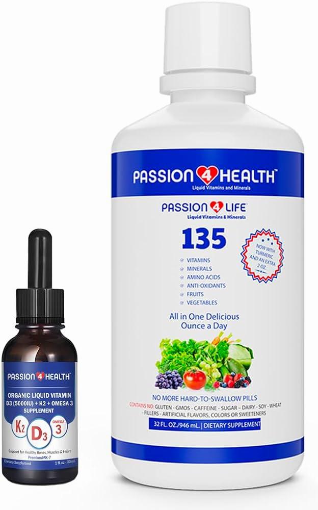 A bottle of Passion 4 Health Liquid Vitamins and Minerals, and a bottle of Passion 4 Health Organic Liquid Vitamin D3 + K2 + Omega 3.