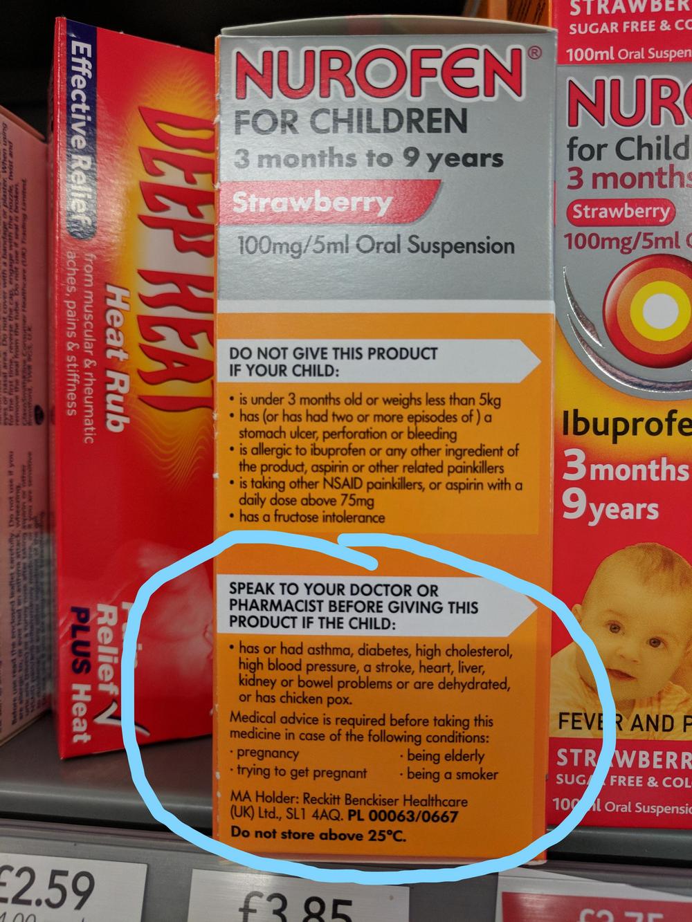 A box of Nurofen for Children, a strawberry-flavored oral suspension for kids aged 3 months to 9 years, with a concentration of 100mg/5ml.