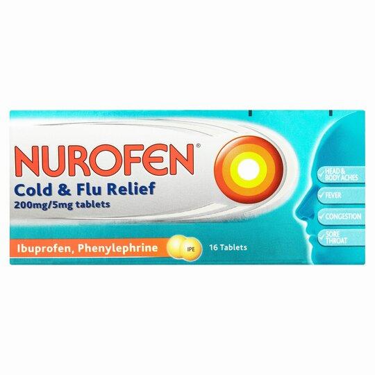 A blue and yellow box of Nurofen Cold and Flu Relief tablets.