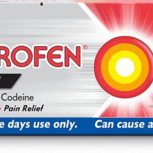 A red and white box of over-the-counter pain medication labeled as Ibuprofen with Codeine.