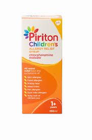 A box of Piriton Childrens Allergy Relief Syrup, which contains the active ingredient chlorphenamine maleate.
