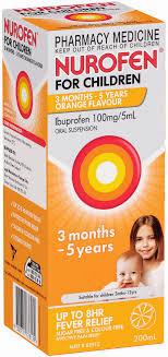 A box of Nurofen for Children, an orange-flavored ibuprofen oral suspension for kids aged 3 months to 5 years.