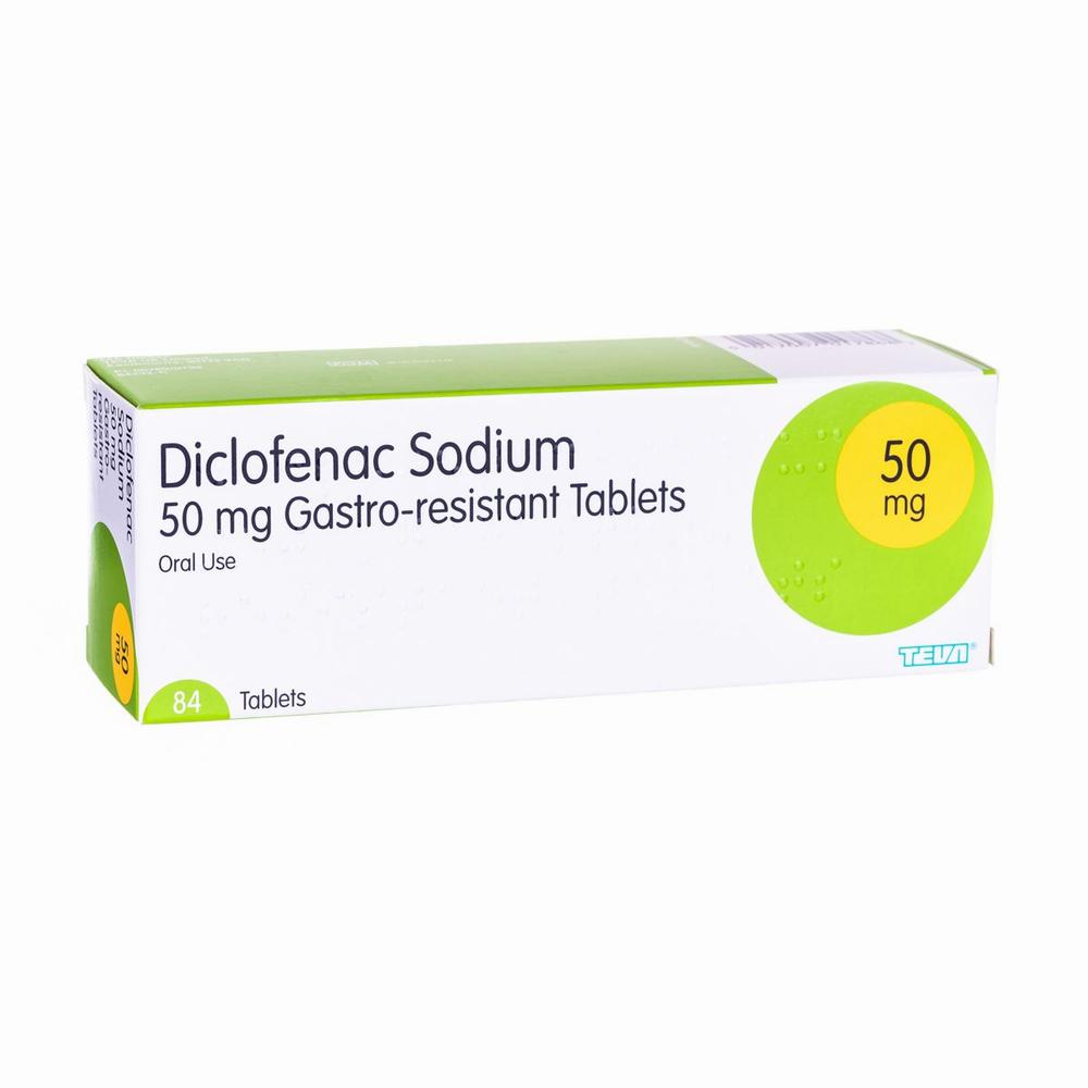 A box of 84 gastro-resistant tablets of Diclofenac Sodium 50 mg for oral use.