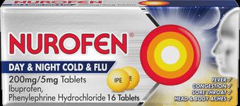A box of Nurofen Day & Night Cold & Flu tablets, a medication for relief of cold and flu symptoms.