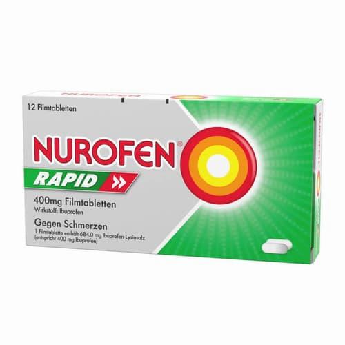 A green and white box of Nurofen Rapid 400mg film-coated tablets, a painkiller.