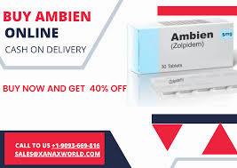 A blue and red advertisement for Ambien, a sleep aid, with a 40% discount if bought online with cash on delivery.