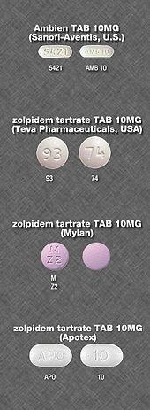 Four different pills, all of which are Zolpidem Tartrate 10mg.