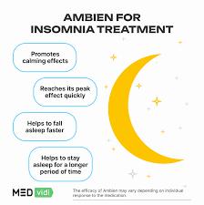 A crescent moon on a starry night sky with four points highlighting the benefits of Ambien for insomnia treatment.