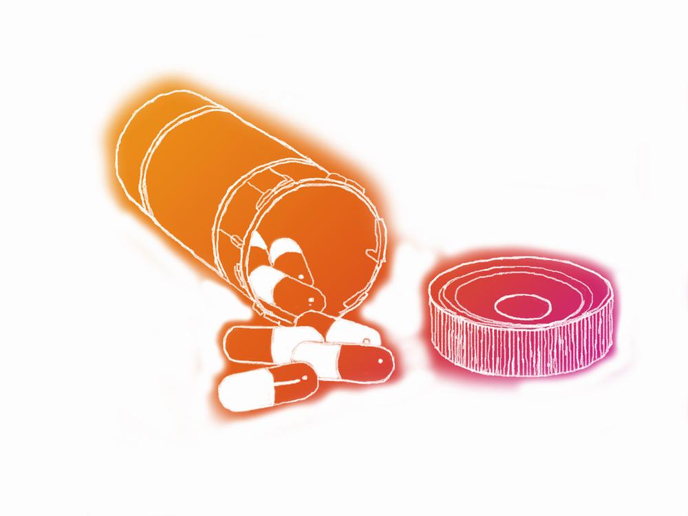 Sketch drawing of an open pill bottle with pills spilling out.