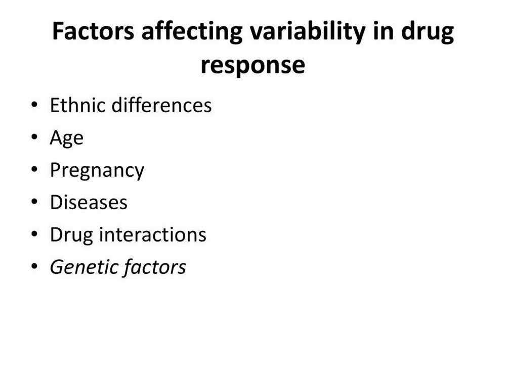 Factors affecting variability in drug response include ethnic differences, age, pregnancy, diseases, drug interactions, and genetic factors.