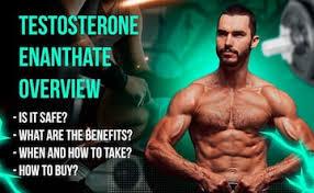 A muscular man stands in front of a green background with the words Testosterone Enanthate Overview in large text at the top of the image.