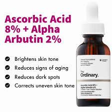 The Ordinarys Ascorbic Acid 8% + Alpha Arbutin 2% is a skin brightening serum that helps to reduce the appearance of dark spots and signs of aging.