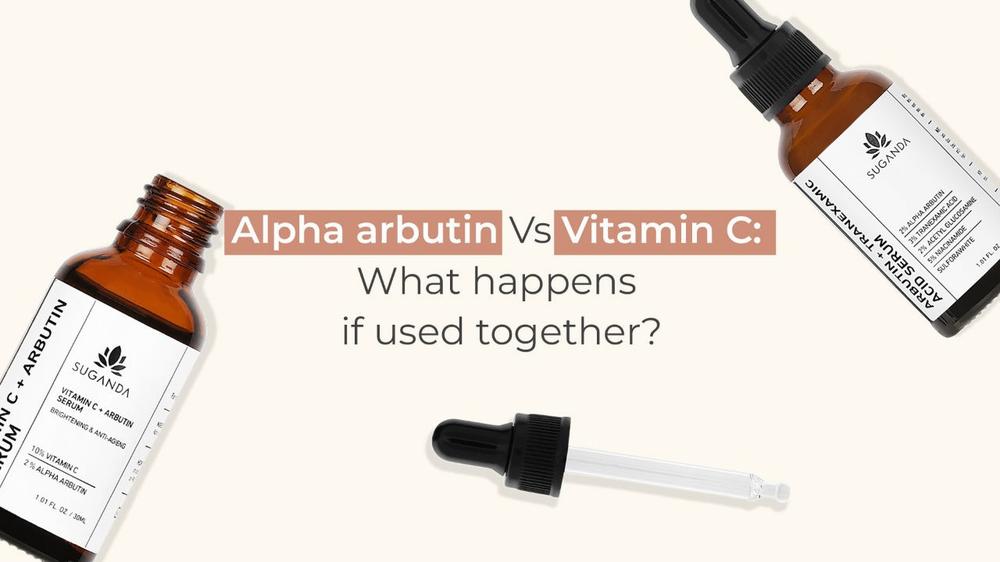 A brown bottle of Vitamin C + Arbutin Serum, and a black bottle of Arbutin + Tranexamic Acid Serum, with text overlaid that reads: Alpha Arbutin Vs Vitamin C: What happens if used together?