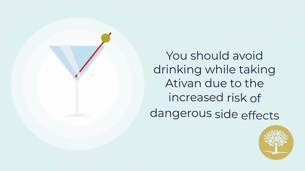 A blue martini glass with a green olive on a red swizzle stick, with text reading You should avoid drinking while taking Ativan due to the increased risk of dangerous side effects.