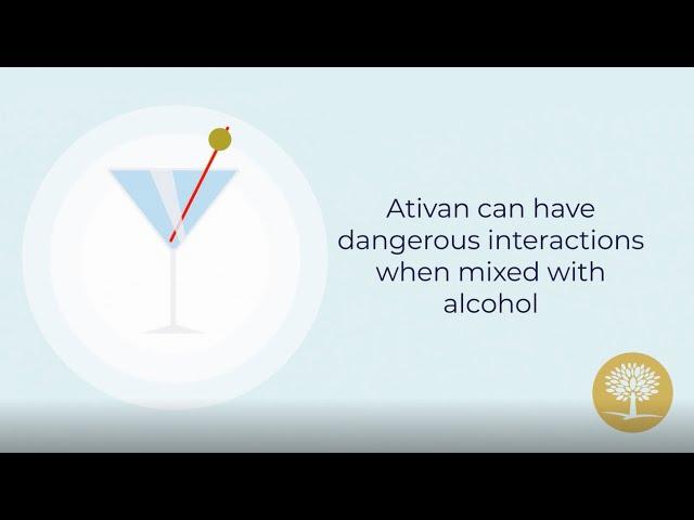A martini glass with a green olive on a blue background with text reading: Ativan can have dangerous interactions when mixed with alcohol.