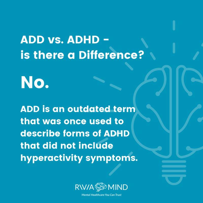 An illustration comparing Attention Deficit Disorder (ADD) and Attention Deficit Hyperactivity Disorder (ADHD), stating that ADD is an outdated term for a form of ADHD that does not include hyperactivity symptoms.