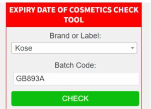 Screenshot of a webpage with a tool to check the expiry date of cosmetics.