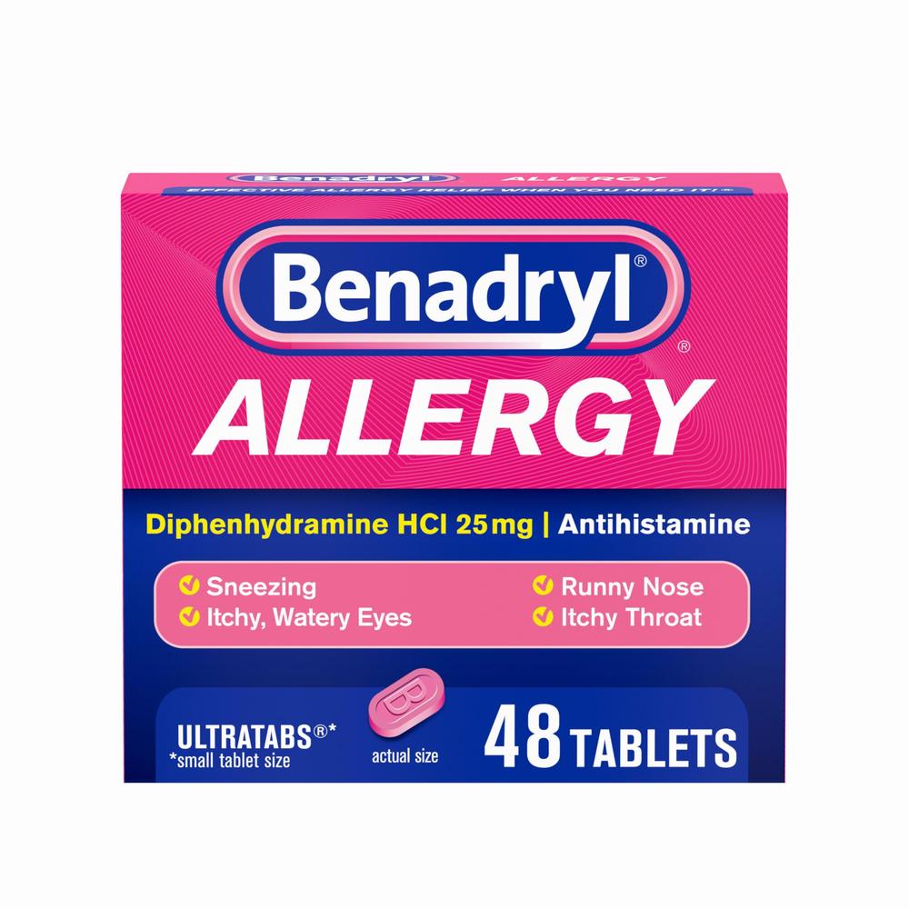 A box of Benadryl Allergy tablets, an antihistamine used to treat allergies.