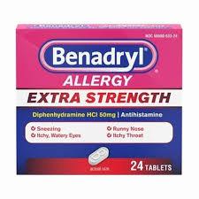 A box of Benadryl Allergy Extra Strength tablets, an antihistamine used to treat allergies.