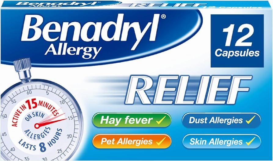 A box of Benadryl allergy relief capsules.