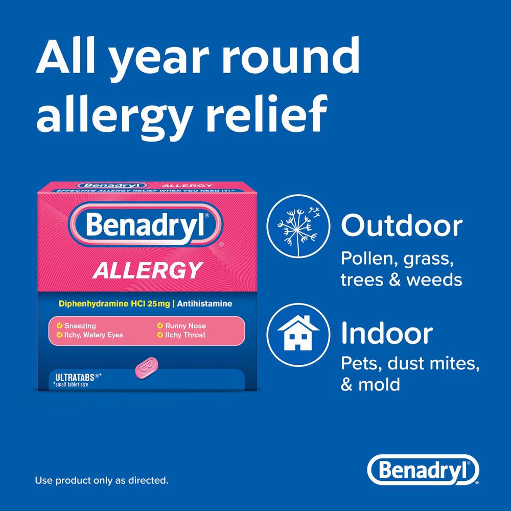 A blue and green box of Benadryl Allergy medication with text overlaying it that reads All year round allergy relief. Sneezing, runny nose, itchy watery eyes, itchy throat. Outdoor: Pollen, grass, trees, and weeds. Indoor: Pets, dust mites, and mold.