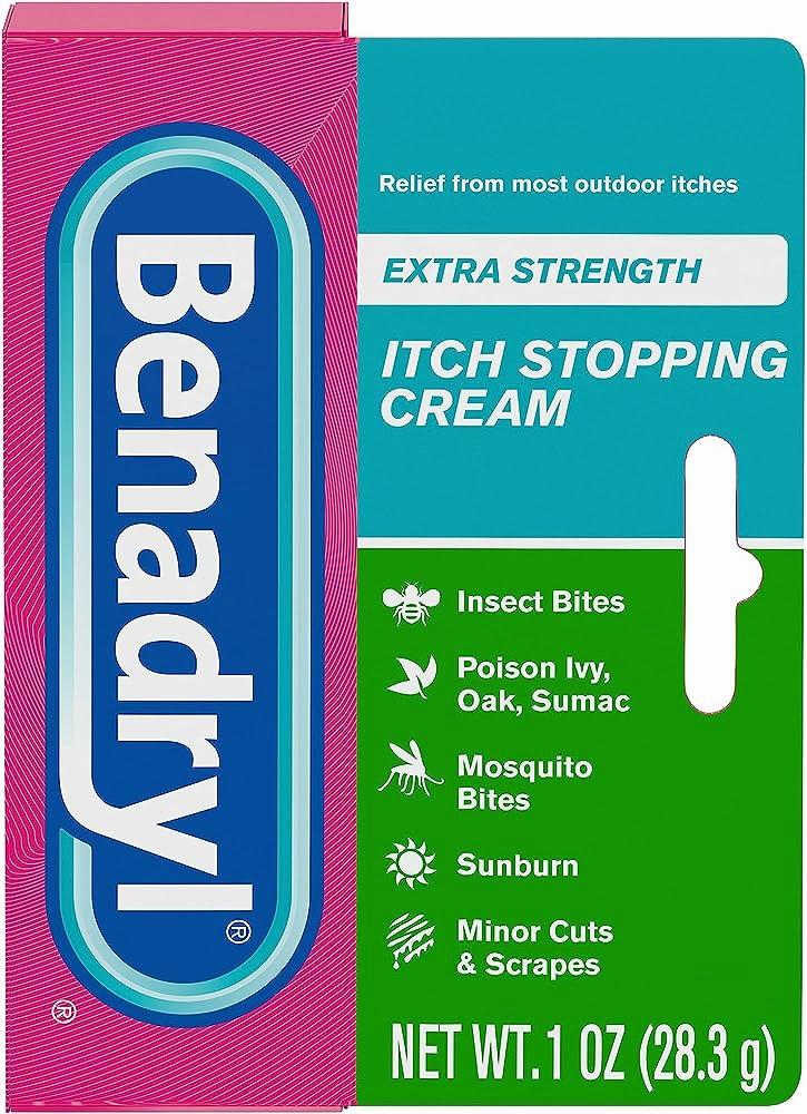 A pink and green box of Benadryl Extra Strength Itch Stopping Cream.