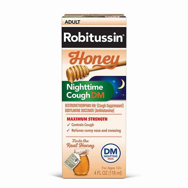 A box of Robitussin Honey Nighttime Cough DM, a maximum strength cough suppressant and antihistamine for adults.