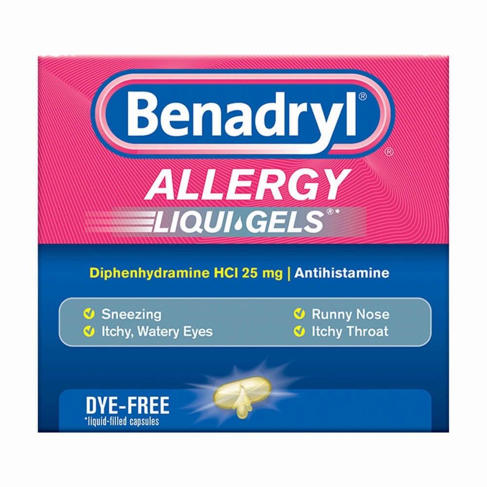 A pink and white box of Benadryl Allergy Liqui-Gels, an antihistamine used to treat allergies.
